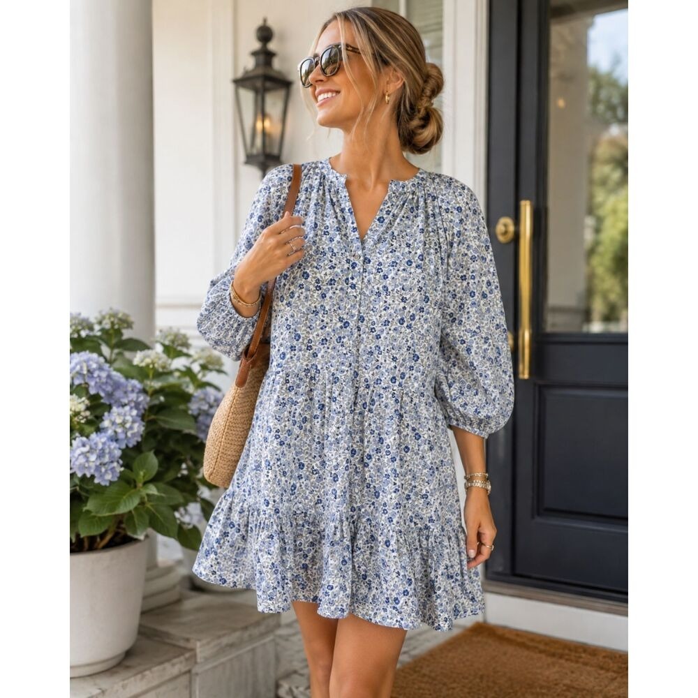 Apiece Apart Dress Womens S Blue Floral Excellent Tiered Mini Puff Sleeve Cotton